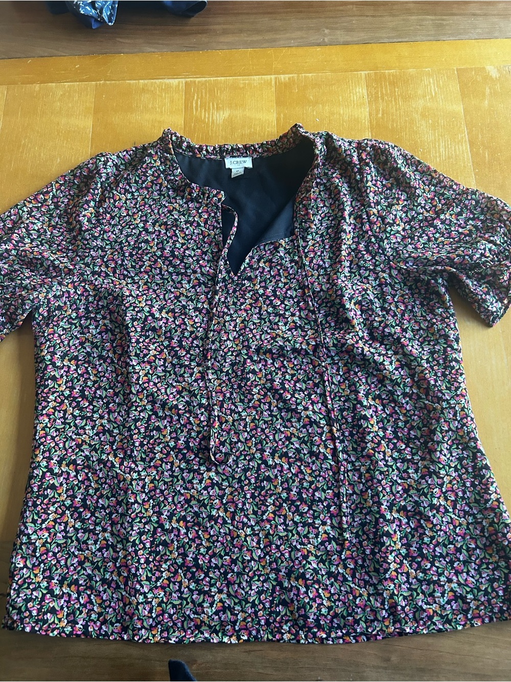 J. Crew Black Blouse with Bright Floral Trim